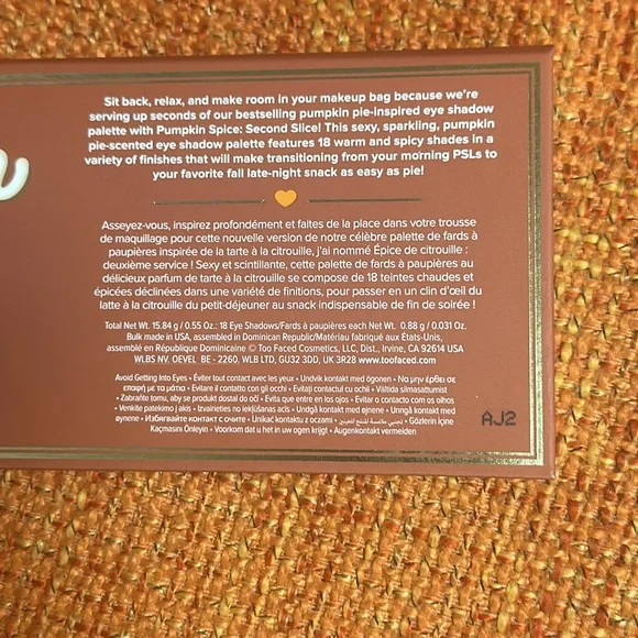 WOW Authentic Too Faced Pumpkin Spice Second Slice 18 Pan Eyeshadow Palette